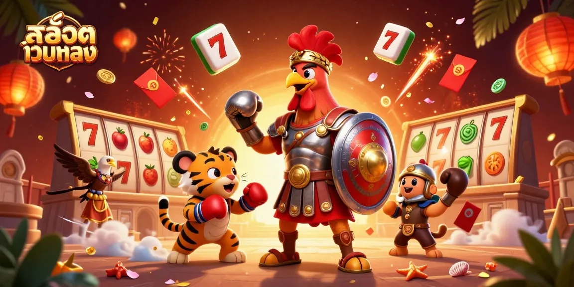 Engage with สล็อตเว็บตรง as a 3D rooster gladiator fights in a vibrant casino arena.