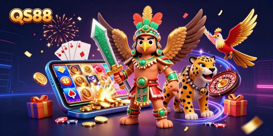 Experience thrilling gaming action with QS88, featuring dynamic warriors, slot games, and sparkling coins.