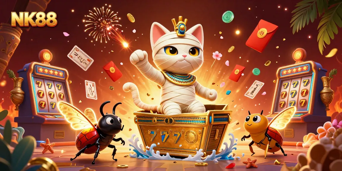 Engage in thrilling adventures with NK88's vibrant casino illustration featuring exciting slot elements.