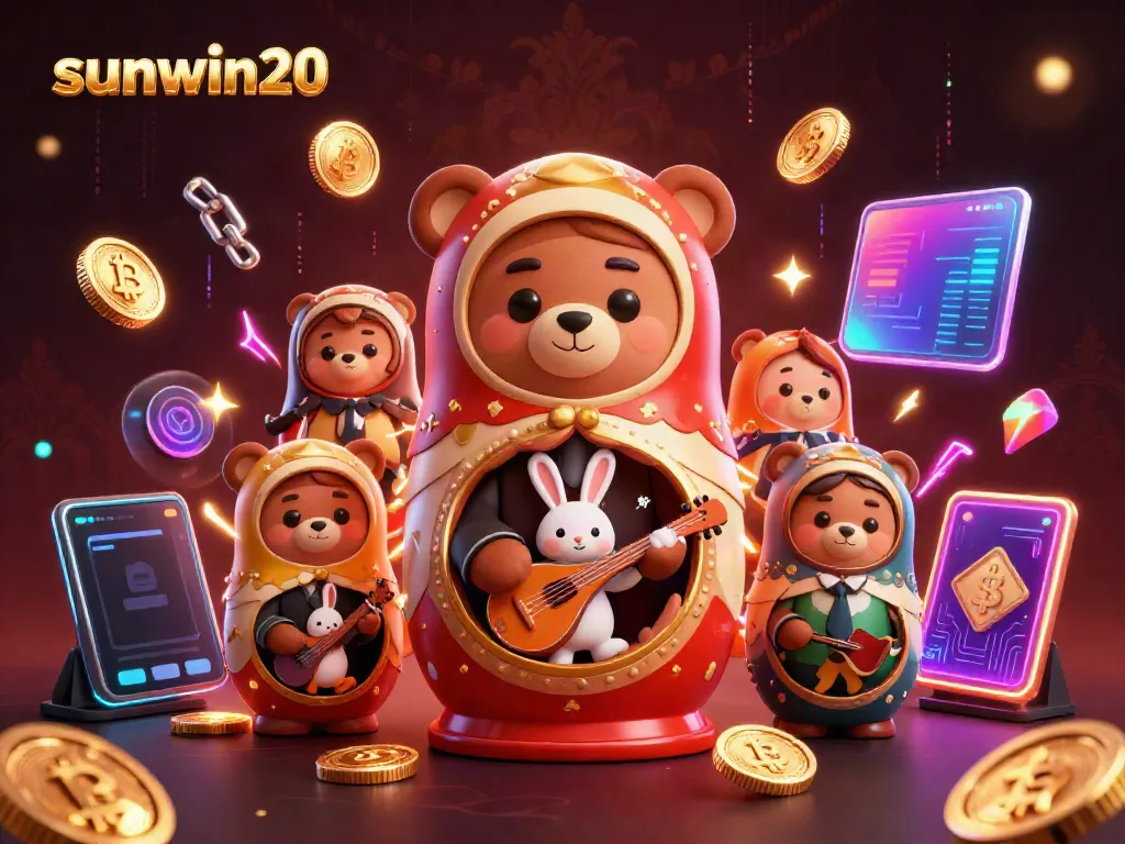 Experience the excitement of sunwin20 with a vibrant 3D casino scene featuring Matryoshka bears and crypto elements.