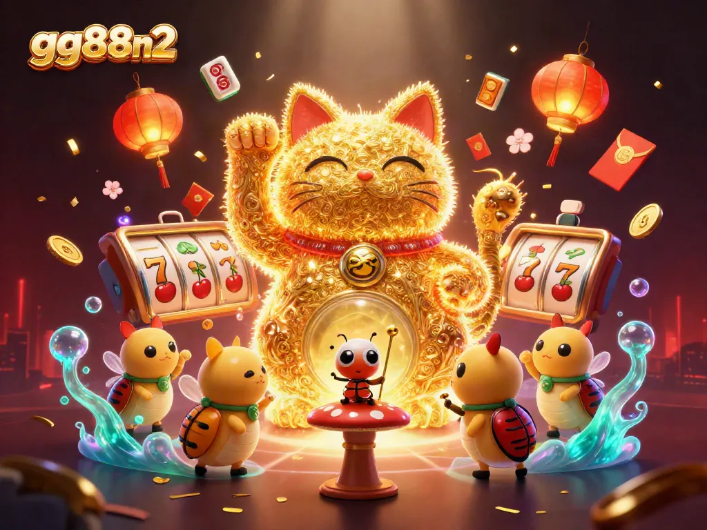 Experience the excitement of gg88n2 with a vibrant scene of a lucky cat and dynamic casino symbols.