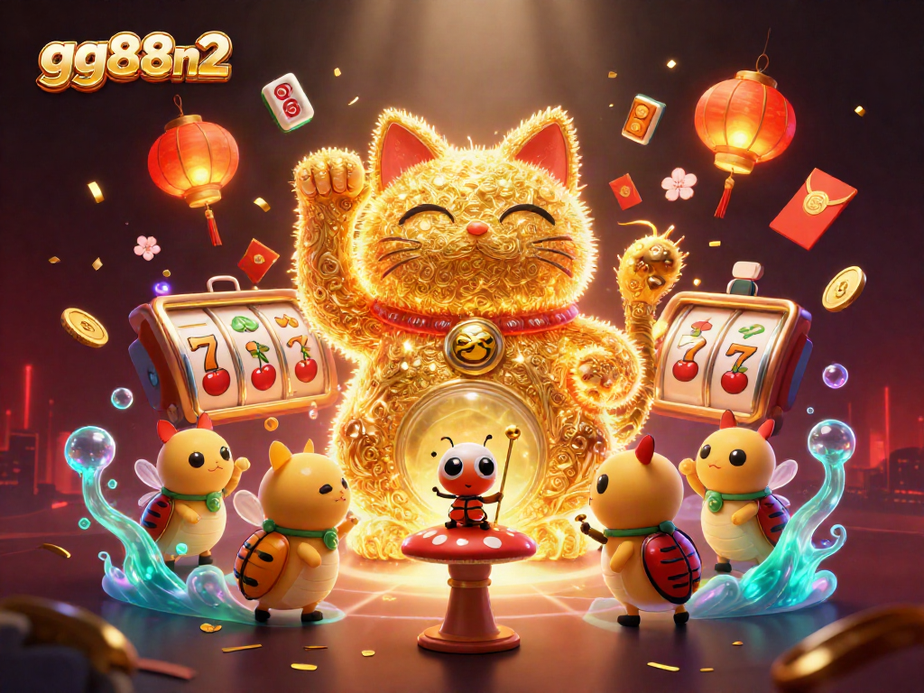 Experience the excitement of gg88n2 with a vibrant scene of a lucky cat and dynamic casino symbols.