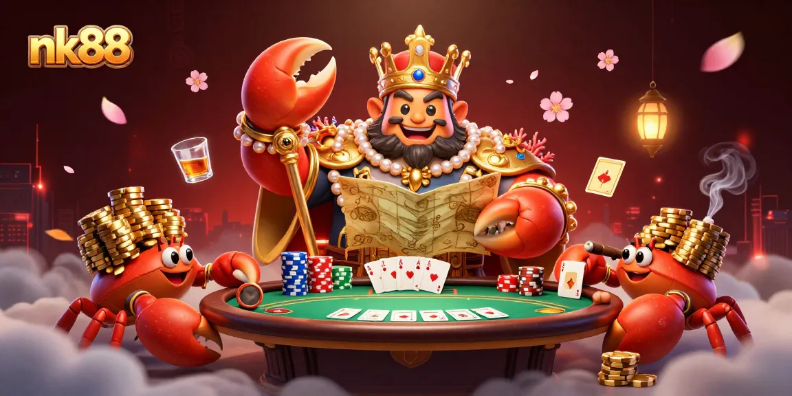 Engage with thrilling poker action at nk88 featuring a golden crab emperor amidst vibrant casino elements.