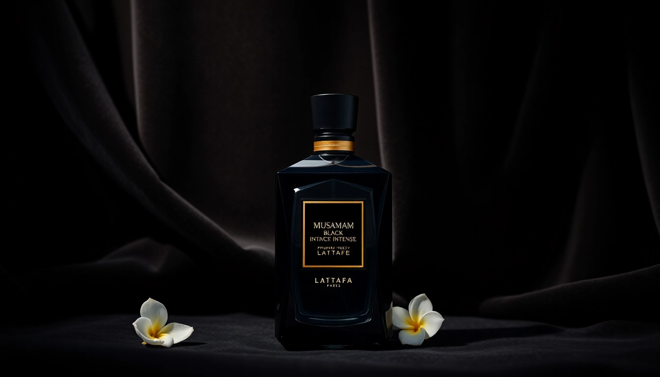 Showcasing Musamam Black Intense by Lattafa in a luxurious setting, with rich textures and elegant design.