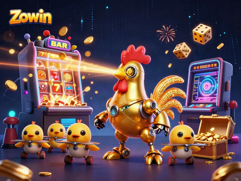 Zowin's lively casino scene, featuring a golden rooster robot and an explosion of game elements.