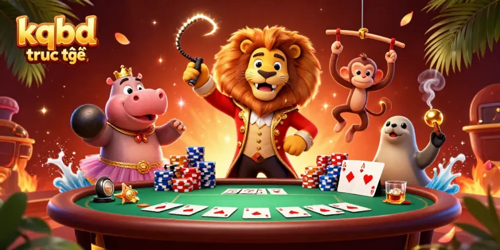 Experience the thrill of kqbd truc tiếp with a vibrant circus-themed casino scene featuring animated characters and rich gaming elements.