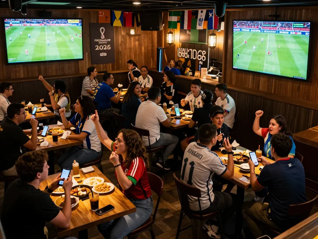 Fans celebrate the bola piala dunia 2026 at a sports bar while placing bets on live matches.