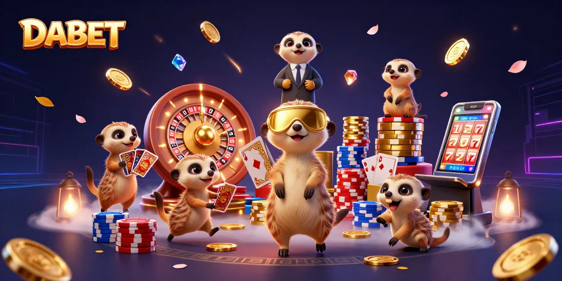 DABET meerkats managing an exciting casino scene filled with vibrant gaming elements and dynamic visuals.