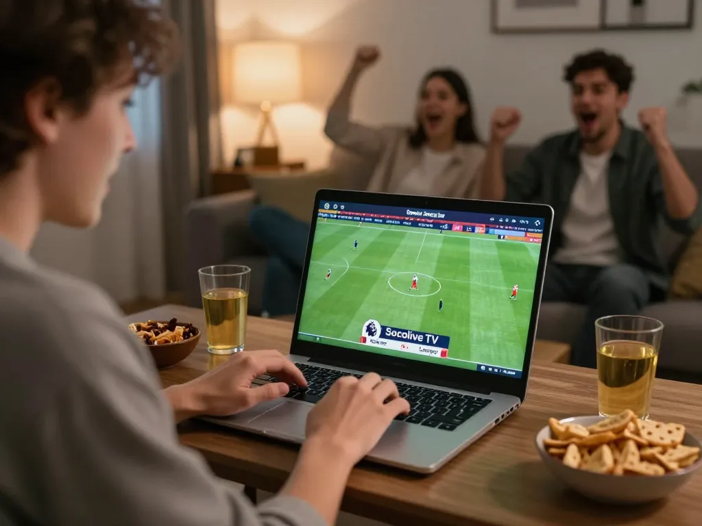 Socolive TV streaming action with excited viewer during Premier League match in cozy home setup