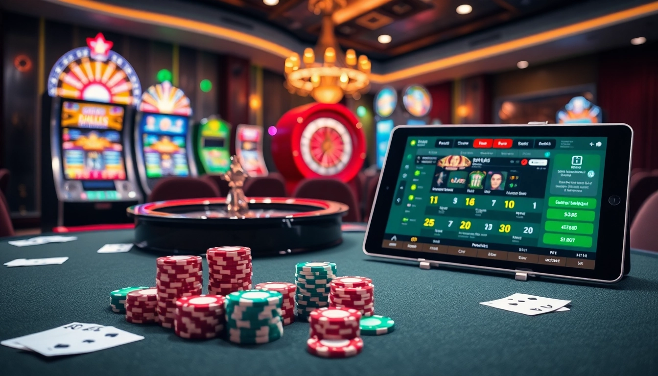 Experience gaming excitement at http://23win1.de.com/ with vibrant casino tables and a spinning roulette wheel.