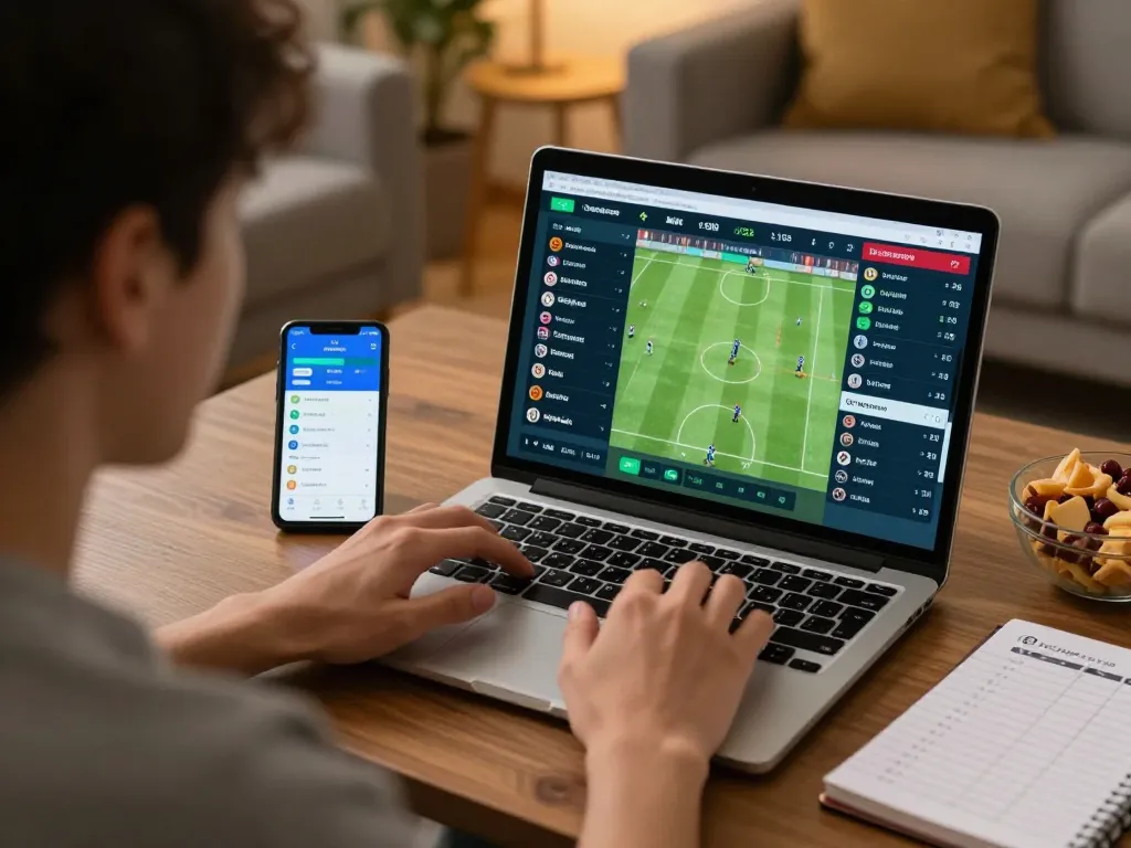 Engaged bettor checking ty le keo nha cai updates on a laptop during a live soccer match