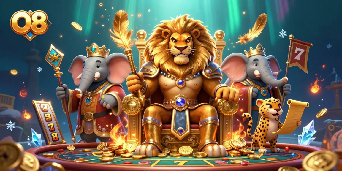O8 showcases a regal lion king at a casino throne surrounded by a wise elephant and agile cheetah.