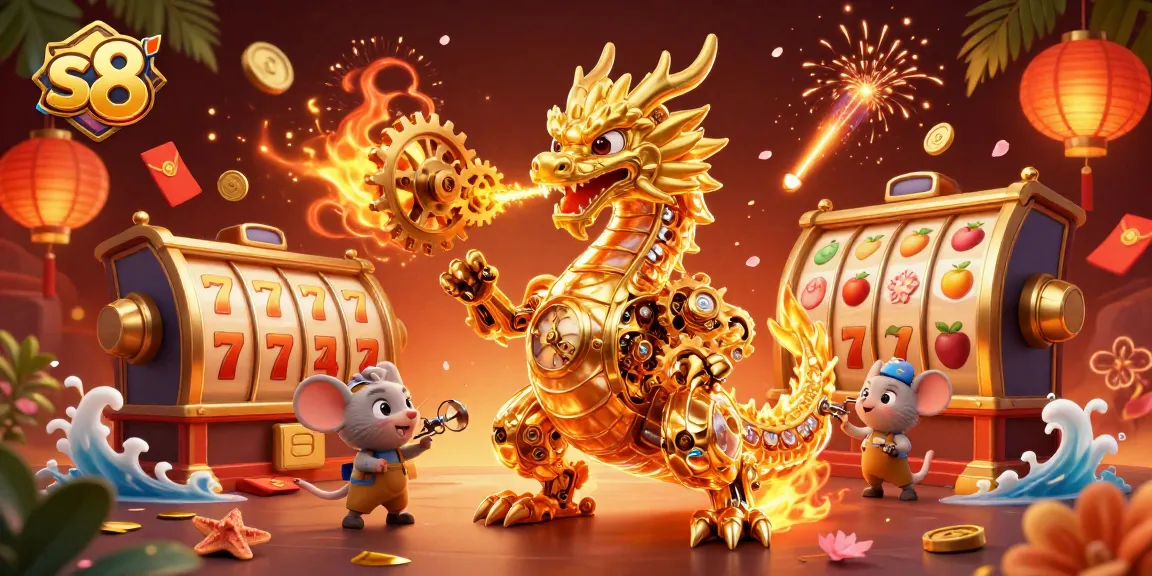 S8 slots experience: 3D dragon with gears amidst rich casino elements and vibrant colors