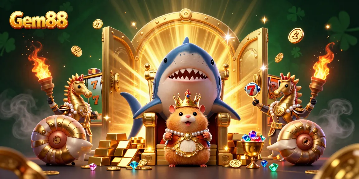 Experience Gem88's thrilling gaming scene with a vibrant king and royal guards amid treasure.