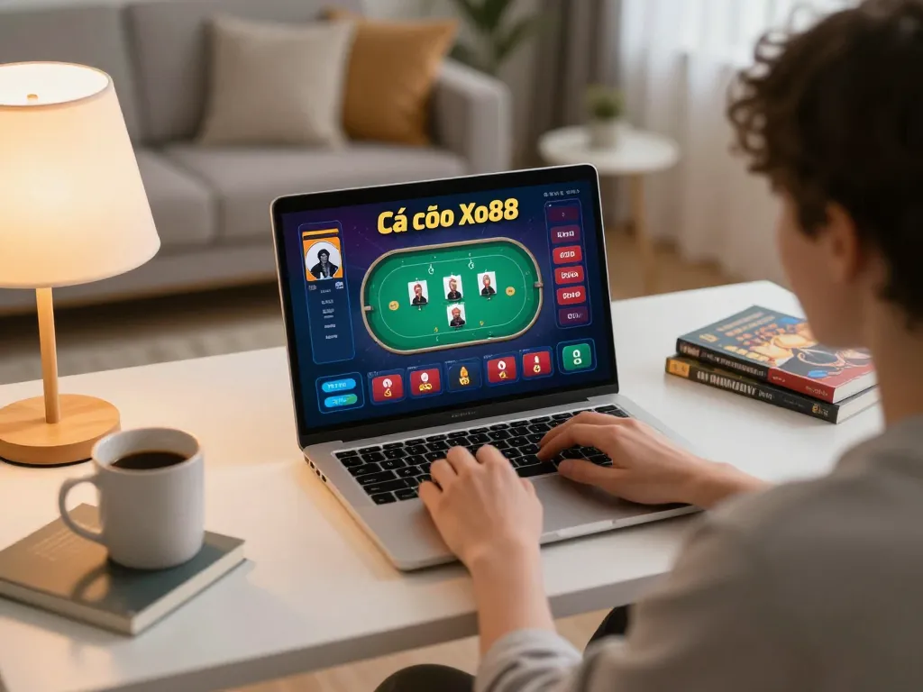 Cá cược Xo88 showing competitive poker gameplay on a laptop in a cozy home setting.