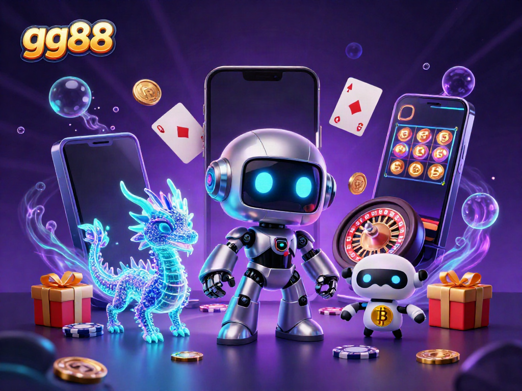 Experience vibrant gaming with gg88, showcasing an animated robot with a bitcoin symbol amidst slot games and dazzling casino elements.