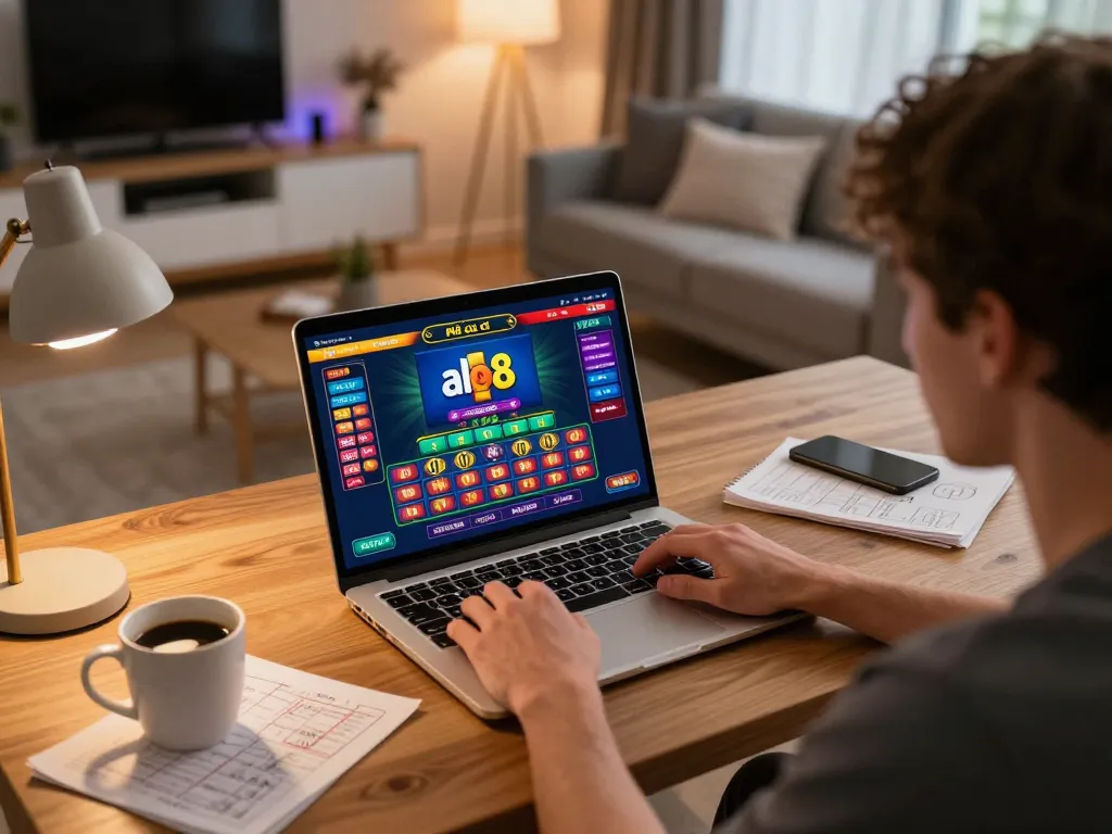 Player enjoying online gaming at nhà cái alo8 with a laptop in a cozy home setting