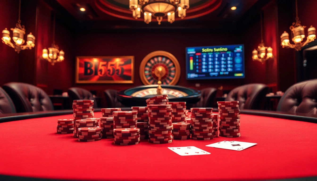 Experience winning strategies at Bl555's exciting casino tables with vibrant poker chips and cards.