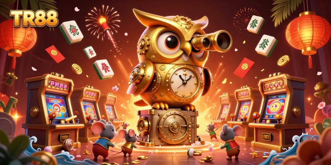 Spin and win at the TR88 casino with engaging golden owl and vibrant game elements around!