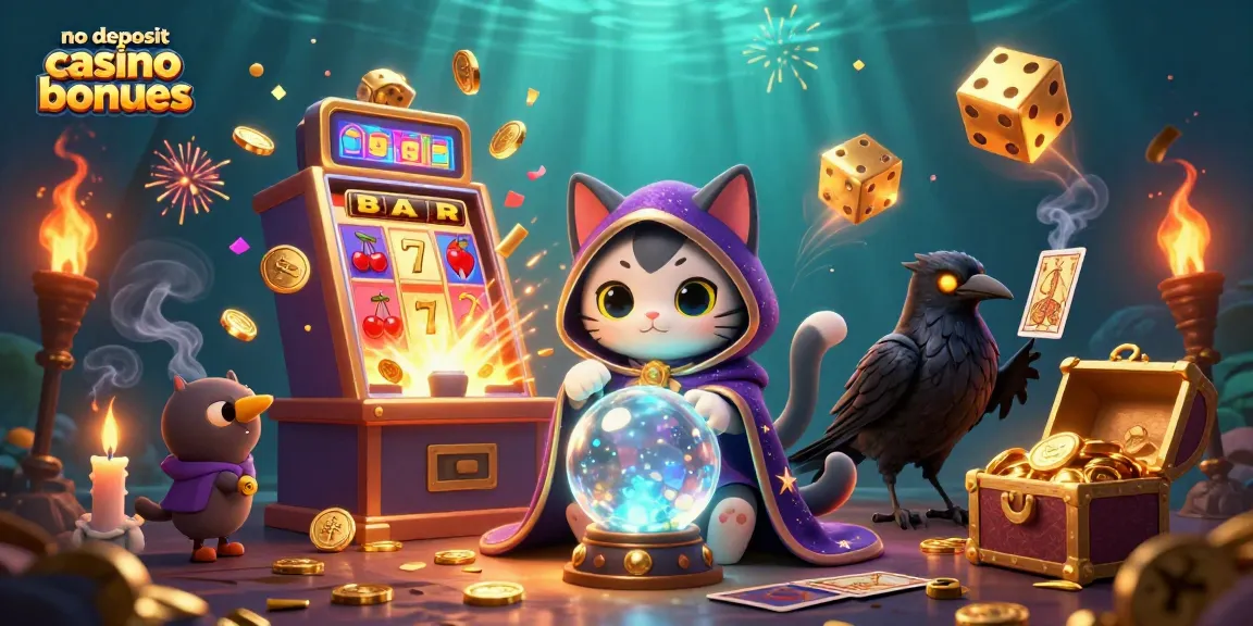 No deposit casino bonuses illustrated with a mystical fortune teller cat, raven, and slot machine explosion