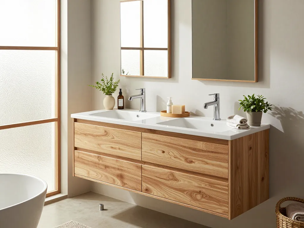 Mooie eiken badkamer meubels creëren een warme en uitnodigende badkamer sfeer met natuurlijk licht en stijlvolle accessoires.