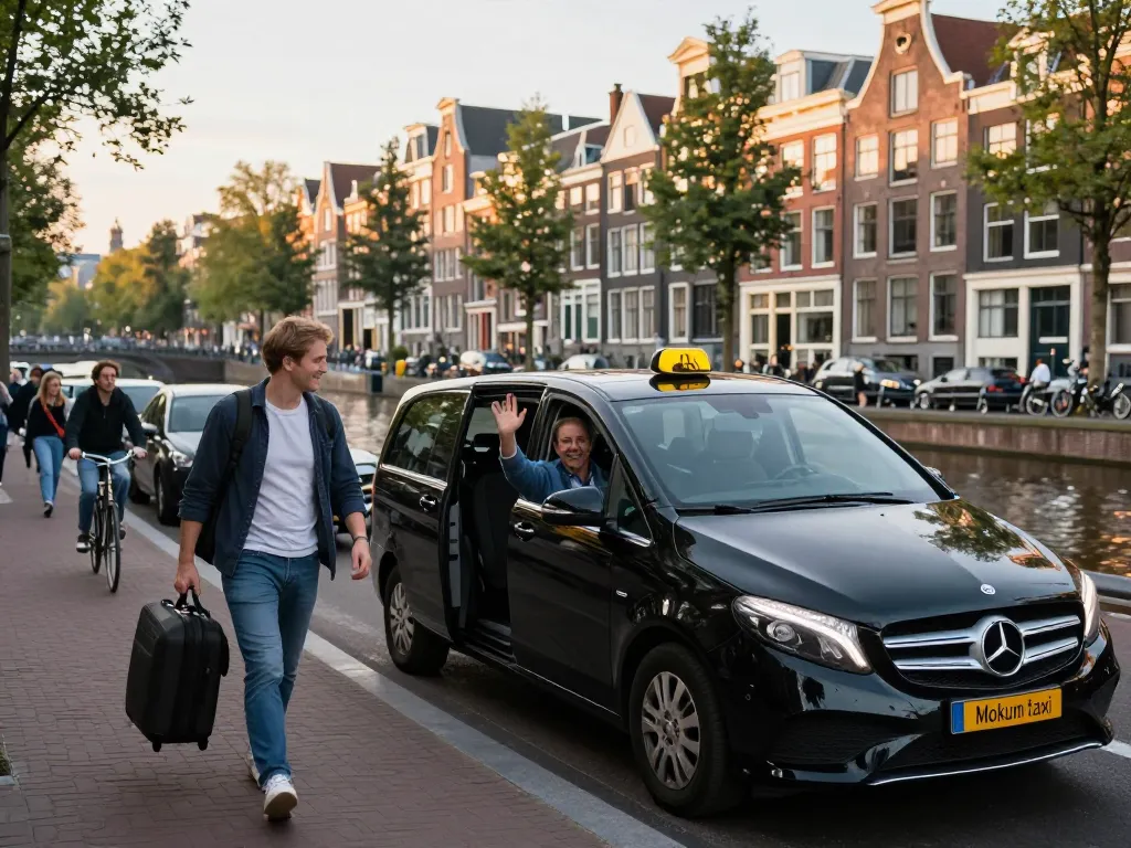 Taxi Amsterdam service met professionele chauffeur die passagiers helpt met bagage tegen de achtergrond van de iconische grachten van Amsterdam.