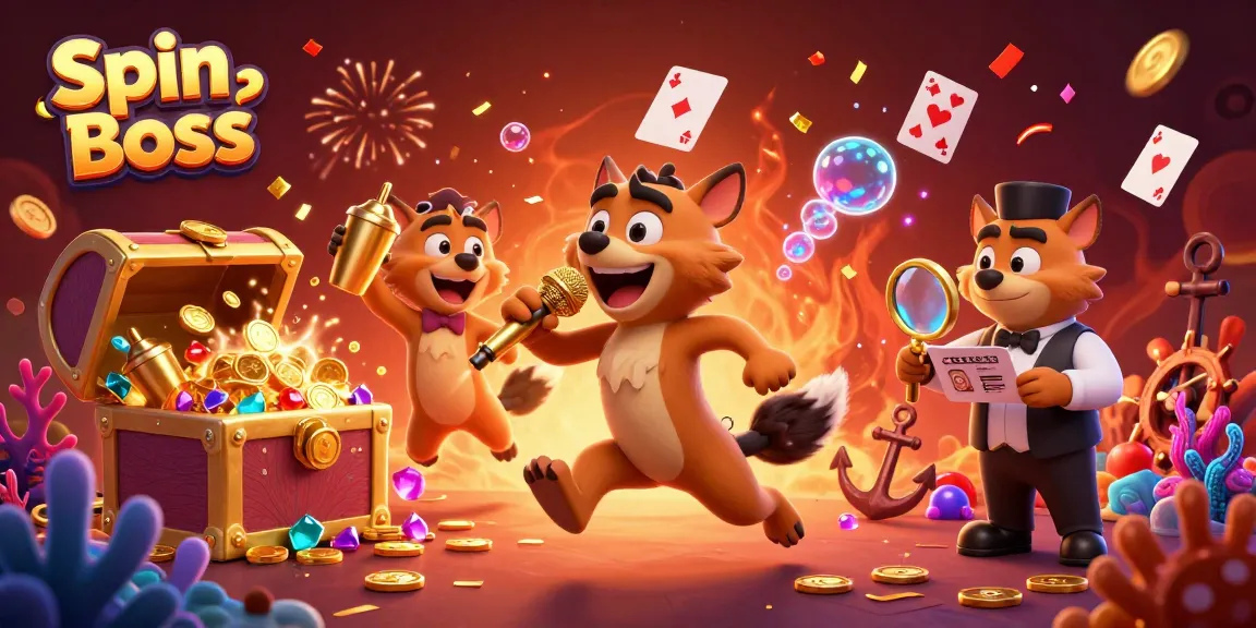 Spin Boss hyena comedy casino with vibrant 3D illustration showcasing humor, drinks, and club security.
