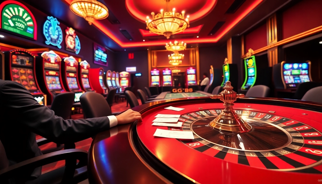 Experience the thrill of gambling at GG88 with a vibrant casino scene featuring poker tables and roulette wheels.