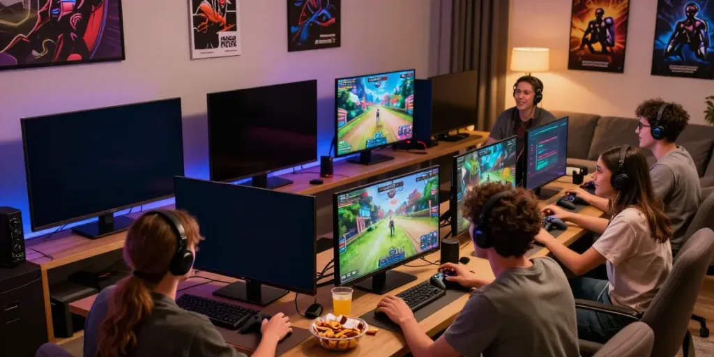 Engaging multiplayer gaming with friends in a cozy living room showcasing 78win com.