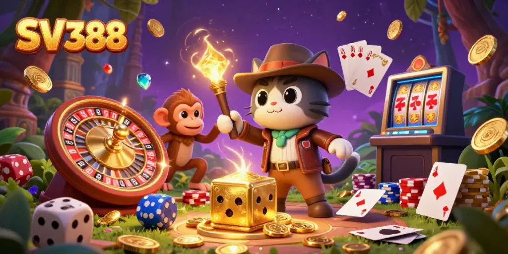 Experience the excitement of SV 388 with a charming explorer cat and monkey discovering treasures in a vibrant casino scene.