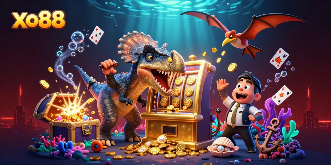 Experience excitement at xo88 with a pachycephalosaurus hitting a golden slot machine and coins flying!