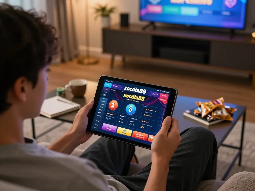 xocdia88 player engaging in online gambling strategy in a cozy home setting
