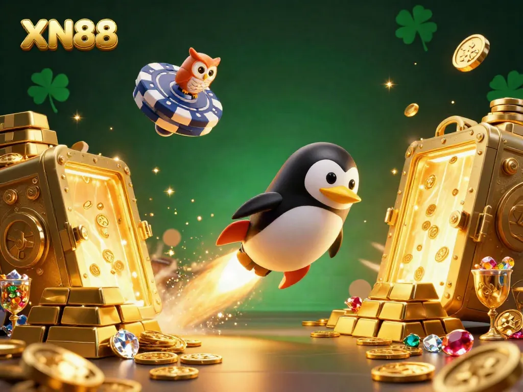 Experience XN88 excitement in a vibrant 3D illustration with a golden penguin and a casino station.