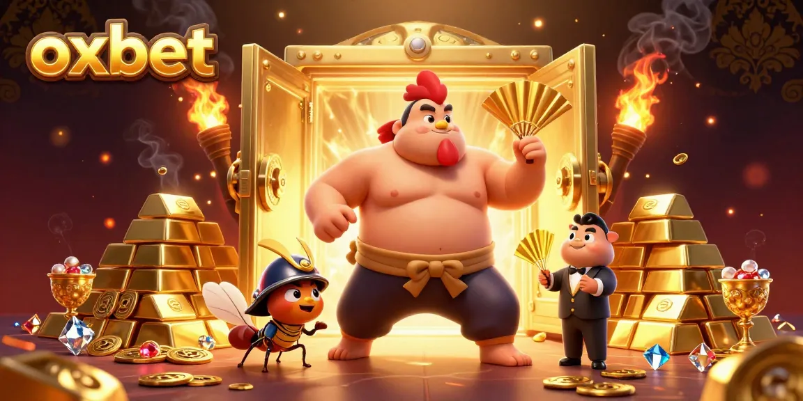 Spin and win at oxbet with an explosive 3D casino scene featuring vibrant characters and golden treasures.