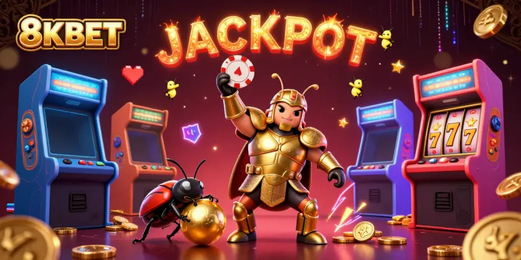 8KBET showcases a jubilant hercules beetle celebrating a poker win amidst vibrant gaming elements.
