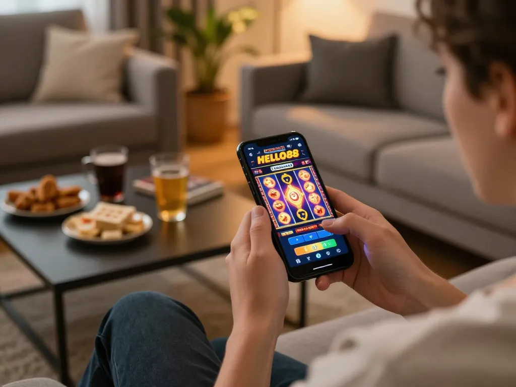 Engaging gameplay on the HELLO88 mobile casino app in a cozy home setting.