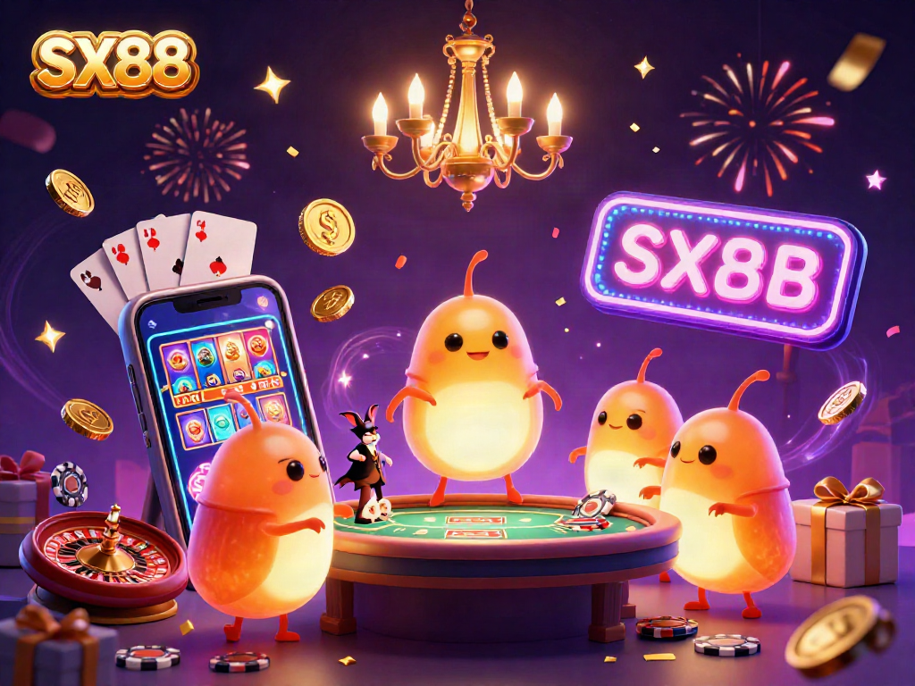 SX88 glows in a vibrant casino scene with glowworms, a bat dealer, and lively gaming elements.