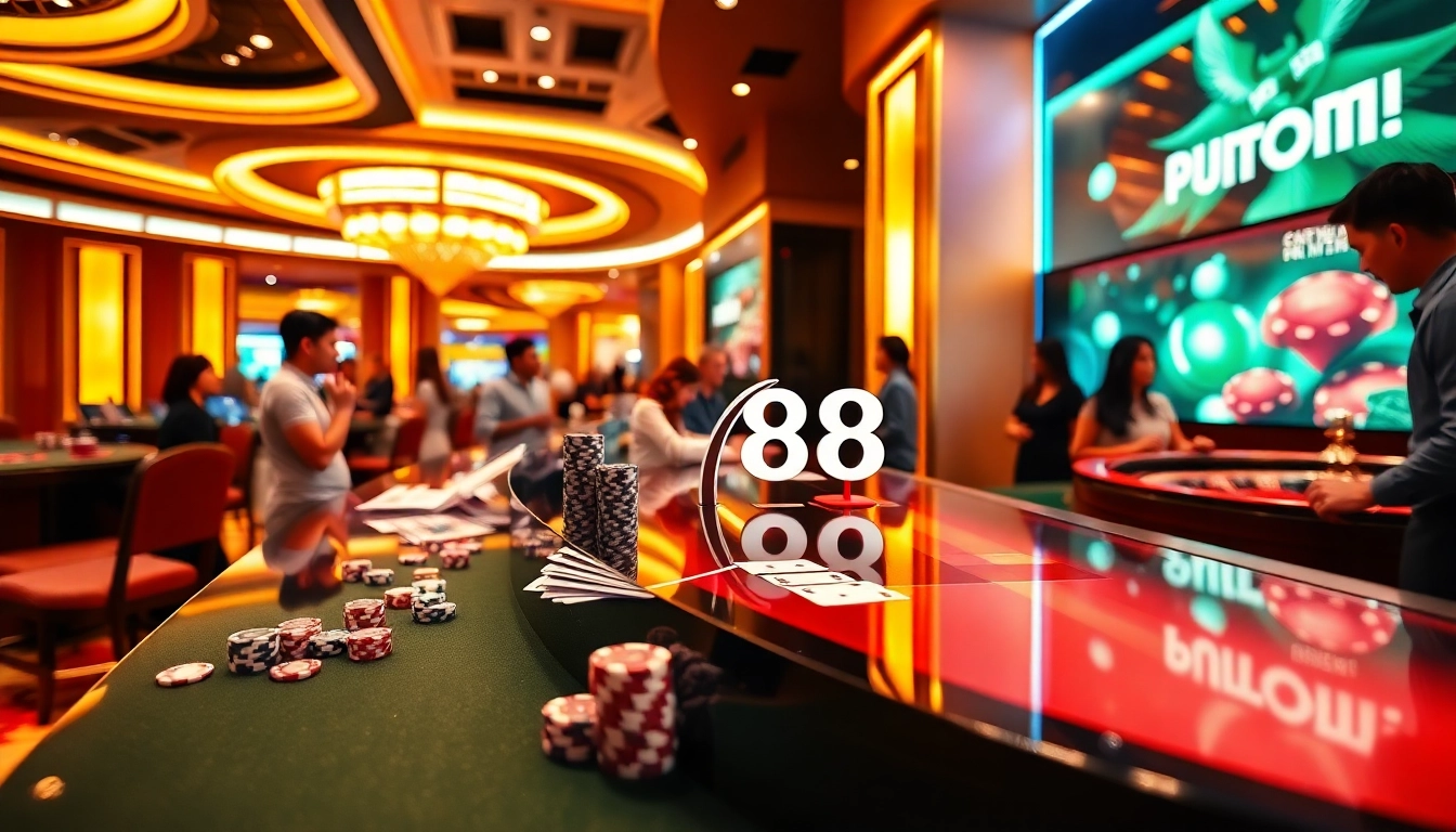 vin88 đăng ký at a luxurious casino registration desk with vibrant poker chips and glowing roulette wheel.