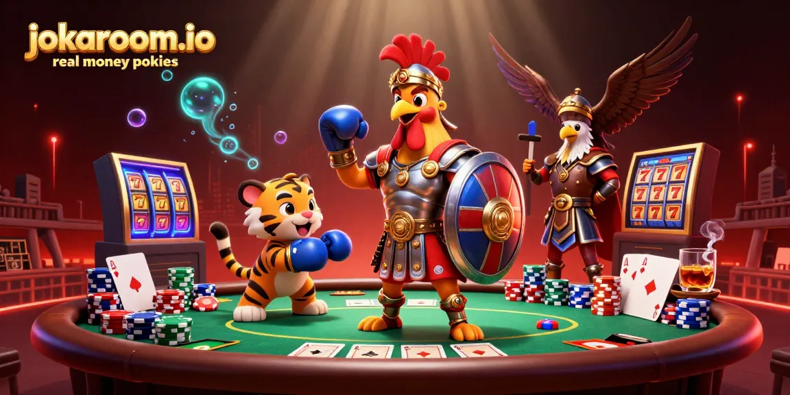 Experience the excitement of jokaroom.io real money pokies with a vibrant 3D casino scene featuring a gladiator rooster and amazing game elements.