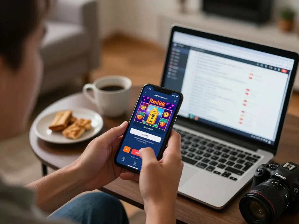 Login Red88 app interface displayed on a smartphone in a cozy home setting, focusing on responsible gaming