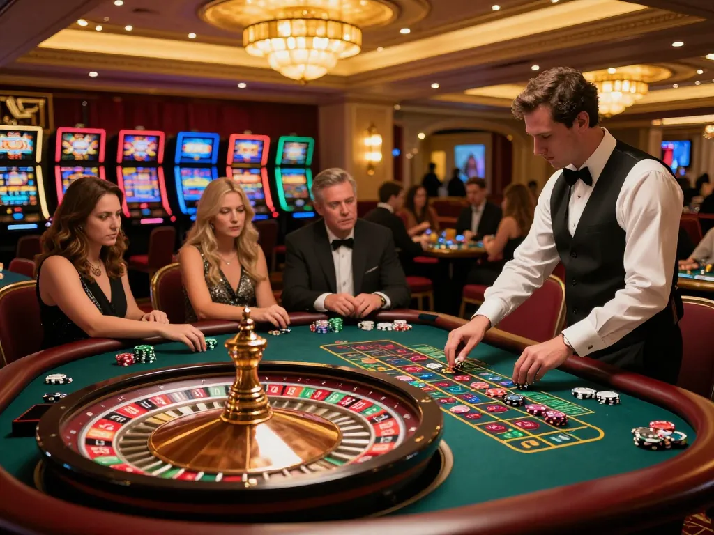 Players betting on roulette at TX88 casino table, vibrant chips and dealer in action