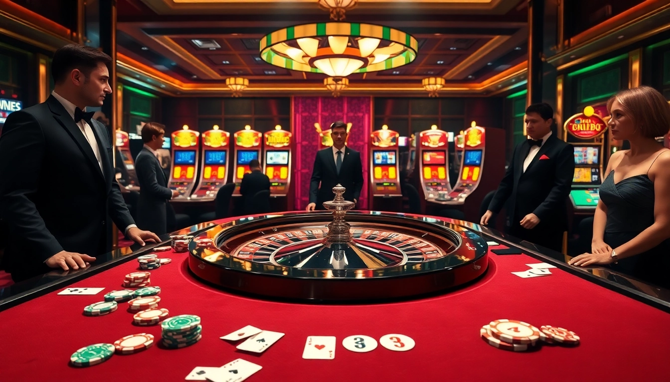 Players engage at a luxurious RR88 casino table, showcasing a vibrant gambling scene with cards and poker chips.