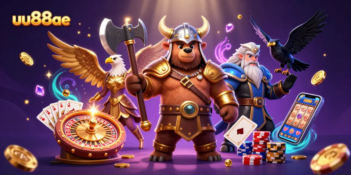 Spin and win with uu88ae's vibrant 3D casino scene featuring playful Viking characters, coins, and colorful gaming elements.