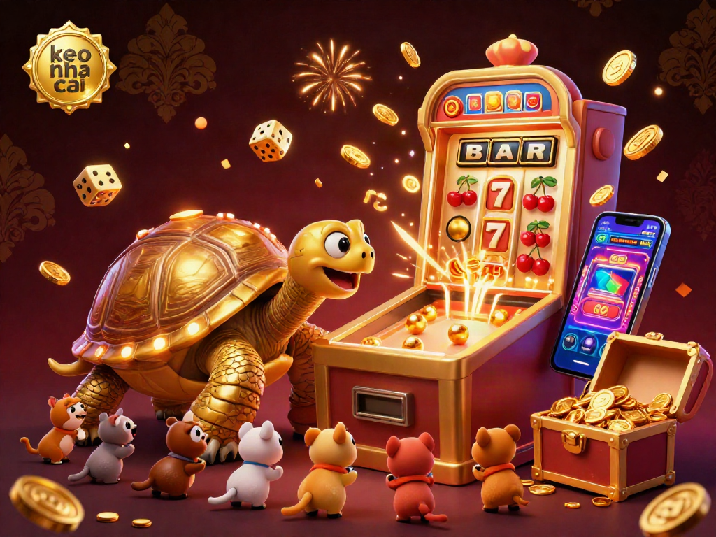 Engaging scene of keo nha cai with a golden tortoise, slot machine, and vibrant casino elements.