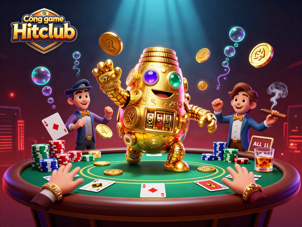 Engage with Cổng game Hitclub featuring a golden golem and poker table surrounded by vibrant casino elements.