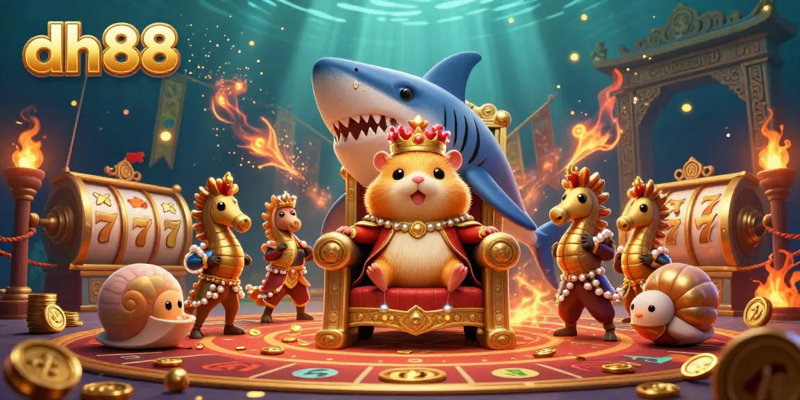 Engage with dh88 at this lively casino scene featuring a hamster king amidst slot reels and golden coins.