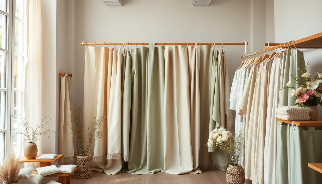 Zuiver linnen stoffen in verschillende kleuren en texturen in een sfeervolle winkel.