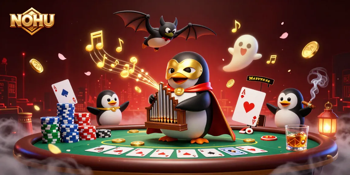NOHU penguin playing organ showering golden coins amid poker and casino atmosphere.
