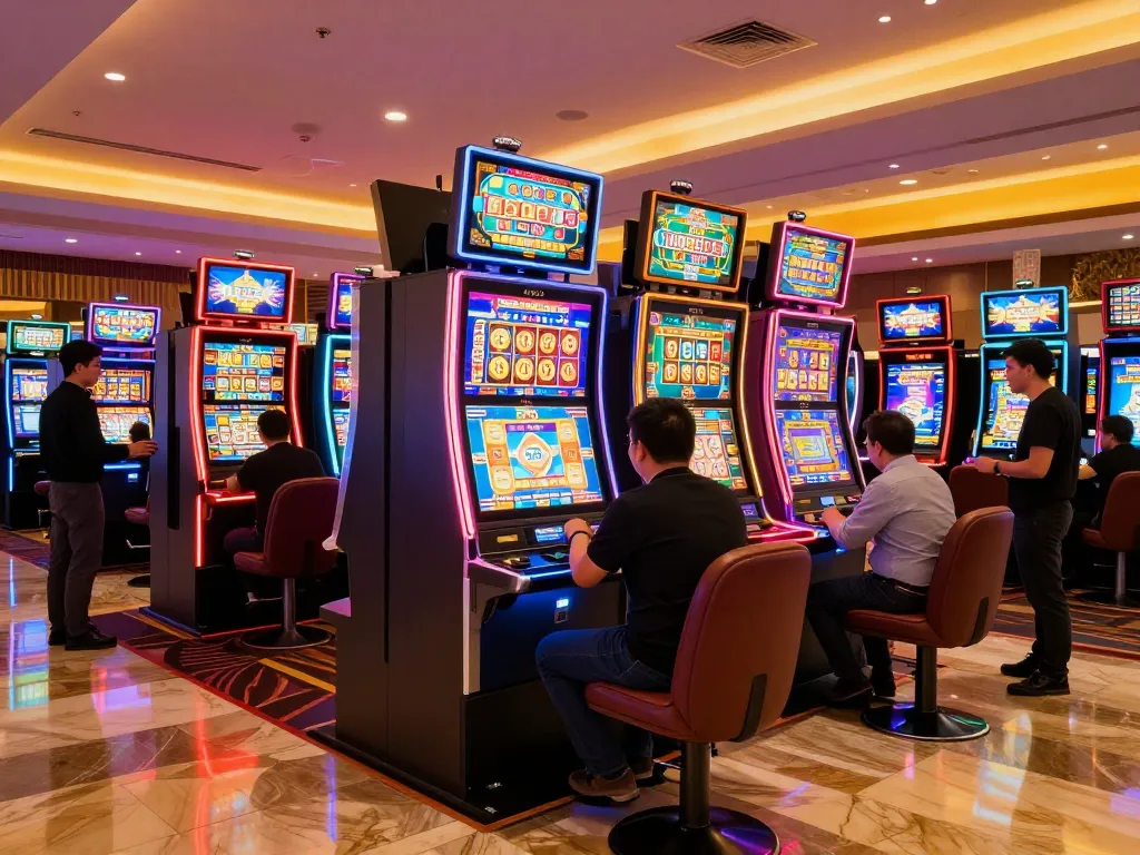 Engaged players spinning reels at vibrant slot machines https://va88.moe/ in a lively casino.