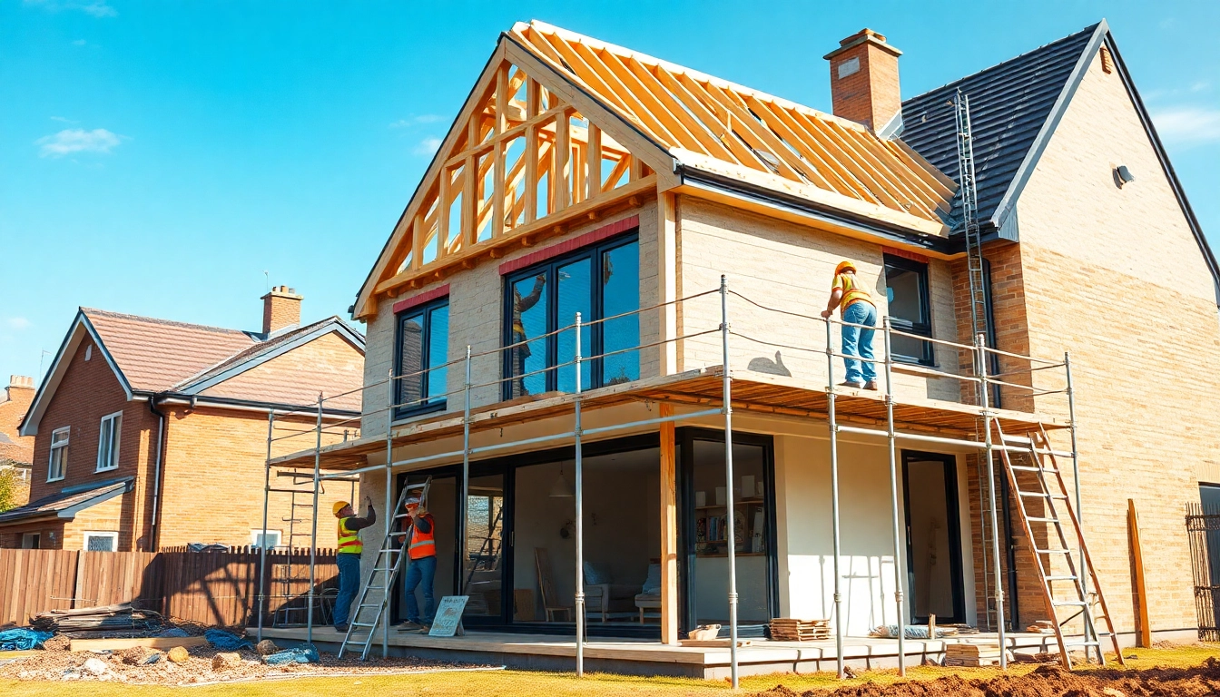 House extension construction showcasing builders framing a modern home extension.
